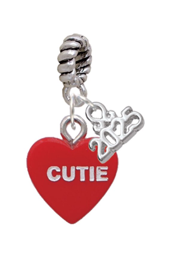 Acrylic Red "Too Cute / Cutie" Heart - Silver-tone Rope Charm Bead Dangle with Mini 2025