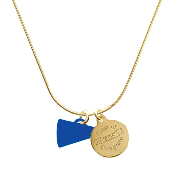 Delight Jewelry Acrylic Royal Blue Megaphone - Goldtone Engraved Congrats Class of 2026 Charm Necklace, 18"