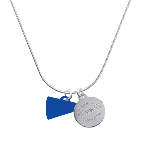 Delight Jewelry Acrylic Royal Blue Megaphone - Silvertone Engraved Congrats Class of 2026 Charm Necklace, 18"