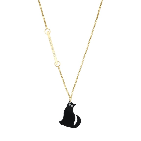 Delight Jewelry Acrylic Sitting Black Cat with Crystal Eyes - Gold-tone Class of 2026 Delicate Bar Necklace, 18.75"