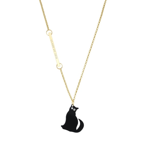 Delight Jewelry Acrylic Sitting Black Cat with Crystal Eyes - Gold-tone Class of 2026 Delicate Bar Necklace, 18.75"