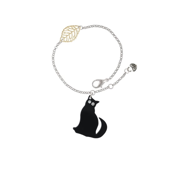 Delight Jewelry Acrylic Sitting Black Cat with Crystal Eyes - Goldtone Leaf Delicate Bracelet, 6.25+1.75"