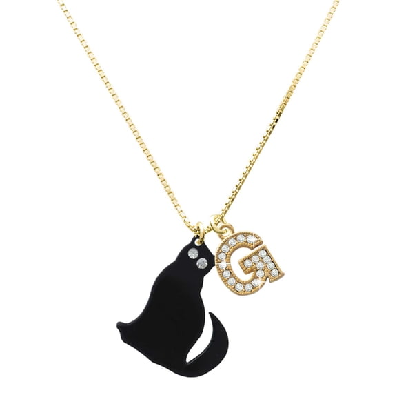 Delight Jewelry Acrylic Sitting Black Cat with Crystal Eyes - Large Goldtone Crystal Initial - G - Charm Necklace, 17.5"+2"