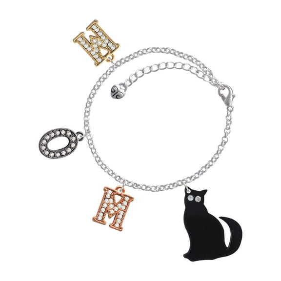 Delight Jewelry Acrylic Sitting Black Cat with Crystal Eyes Multi-Colored Crystal Mom Charm Bracelet