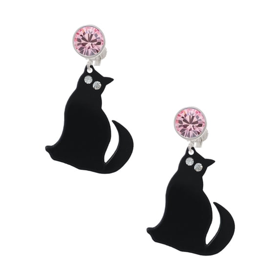 Delight Jewelry Acrylic Sitting Black Cat with Crystal Eyes Pink Crystal Clip on Earrings