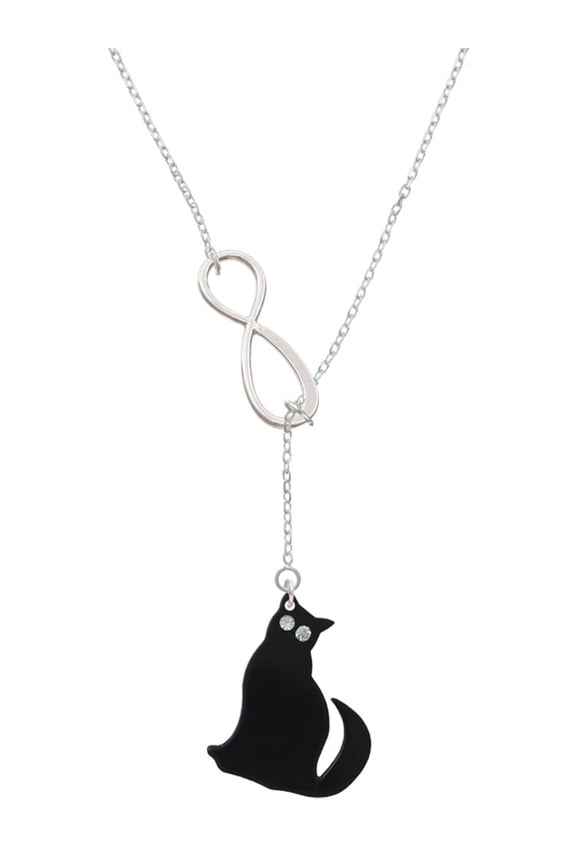 Acrylic Sitting Black Cat with Crystal Eyes Silver tone Elegant Infinity Lariat Necklace