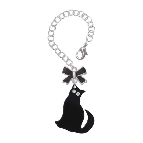 Delight Jewelry Acrylic Sitting Black Cat with Crystal Eyes - Silvertone Black Bow Charm Accessory for Tumblers and Thermal Cups