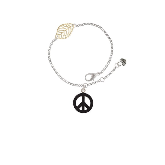 Delight Jewelry Acrylic Small Black Peace Sign - Goldtone Leaf Delicate Bracelet, 6.25+1.75"