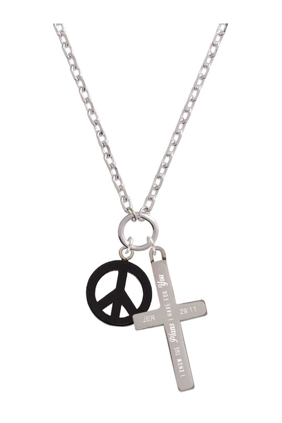 Acrylic Small Black Peace Sign I Have Plans for You Engraved Cross Zoey Necklace, 28"