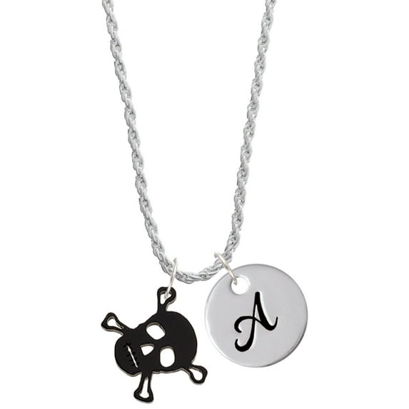 Delight Jewelry Acrylic Small Black Skull Silvertone Script Initial Disc - A - Charm Necklace, 20"+3"