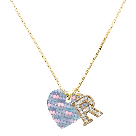 Delight Jewelry Acrylic Small Hologram Heart - Large Goldtone Crystal Initial - R - Charm Necklace, 17.5"+2"