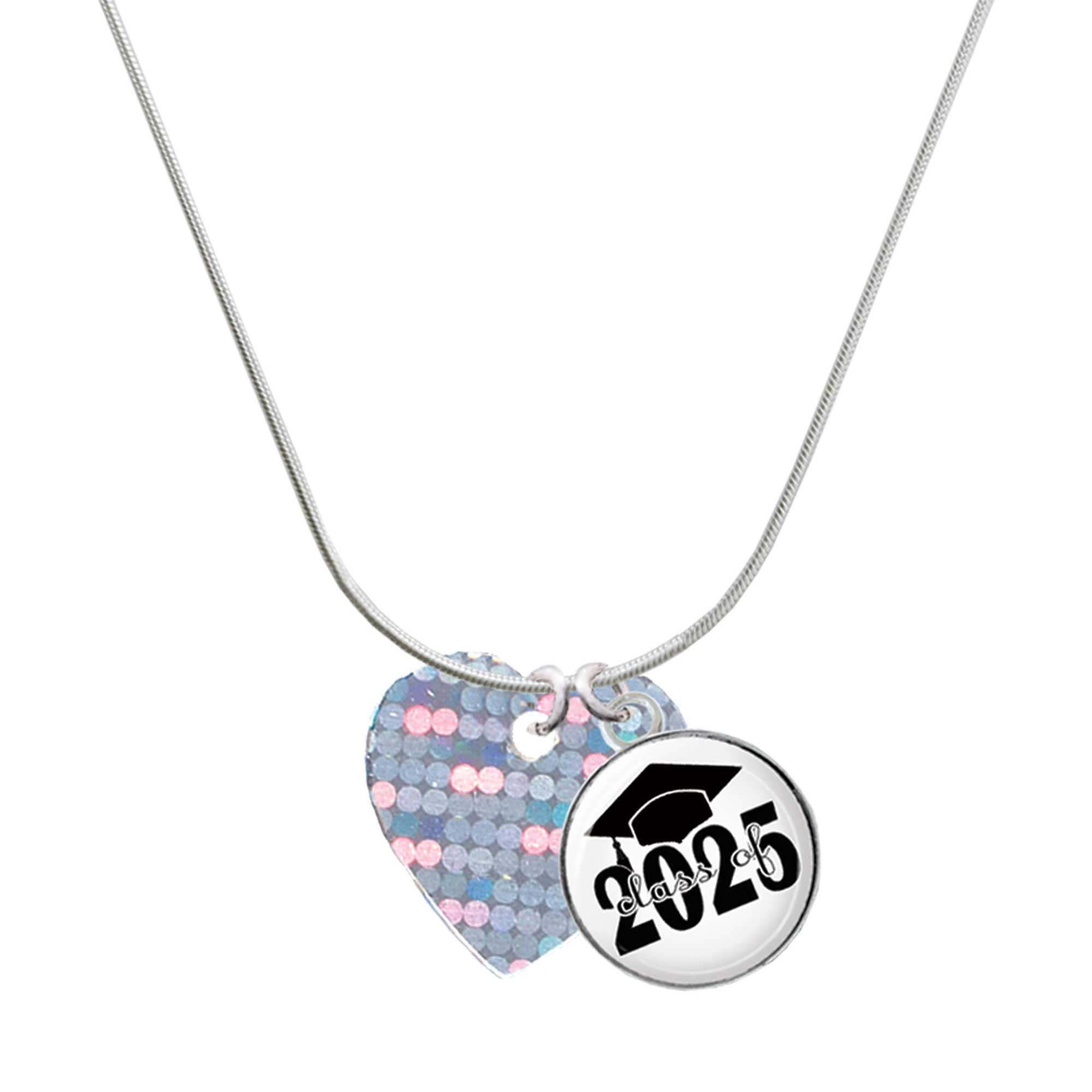 Delight Jewelry Acrylic Small Hologram Heart - Script Class of 2025 Dome Charm Necklace, 18"