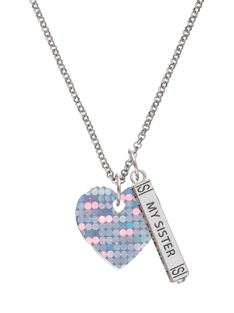 Delight Jewelry Acrylic Small Hologram Heart Silvertone Always My Sister Bar Charm Necklace, 23"