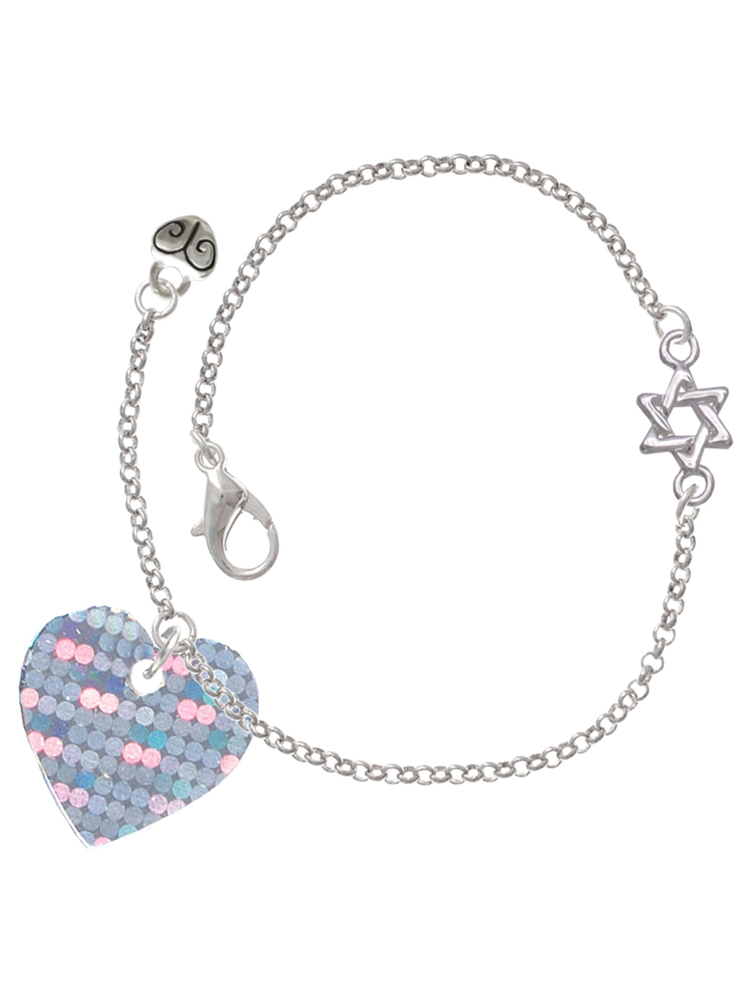 Delight Jewelry Acrylic Small Hologram Heart - Silvertone Star of David Delicate Bracelet, 6.25+1.75" Extender