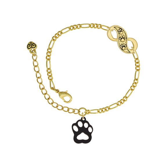Delight Jewelry Acrylic Small Paw Black Gold-tone Paw Infinity Link Chain Bracelet, 6"+2" Extender