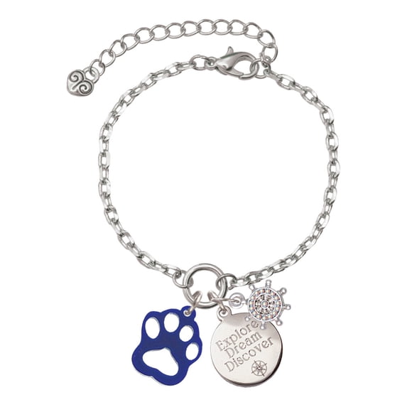 Delight Jewelry Acrylic Small Paw Blue Silvertone Discover Dream Explore Zoey Charm Bracelet, 6.5+2" Extender