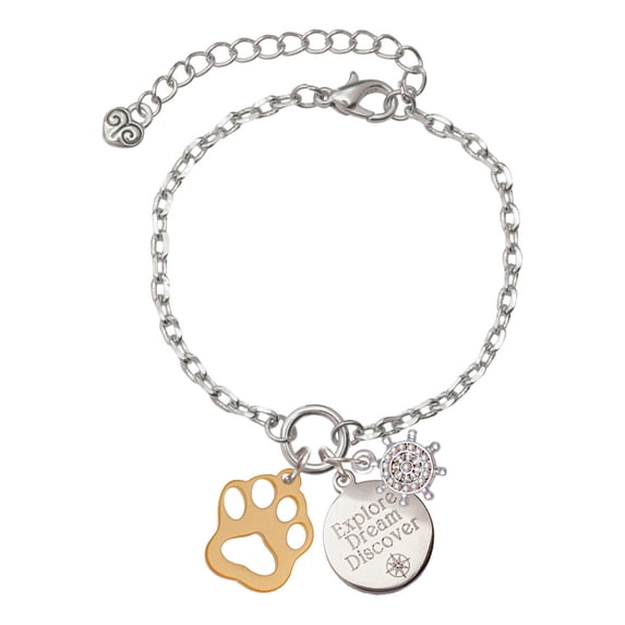 Delight Jewelry Acrylic Small Paw Goldtone Silvertone Discover Dream Explore Zoey Charm Bracelet, 6.5+2" Extender