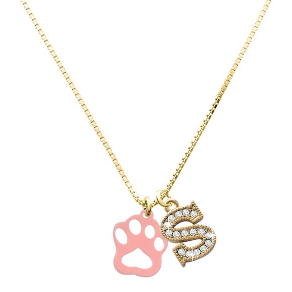 Delight Jewelry Acrylic Small Paw Light Pink - Large Goldtone Crystal Initial - S - Charm Necklace, 17.5"+2"