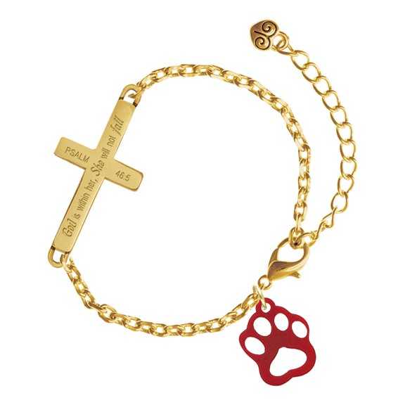 Delight Jewelry Acrylic Small Paw Maroon - Gold Tone Psalm 46:5 She will not fall Engraved Cross Charm Bracelet, 6.5+1.5" Extender