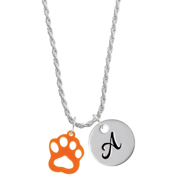 Delight Jewelry Acrylic Small Paw Orange Silvertone Script Initial Disc - A - Charm Necklace, 20"+3"