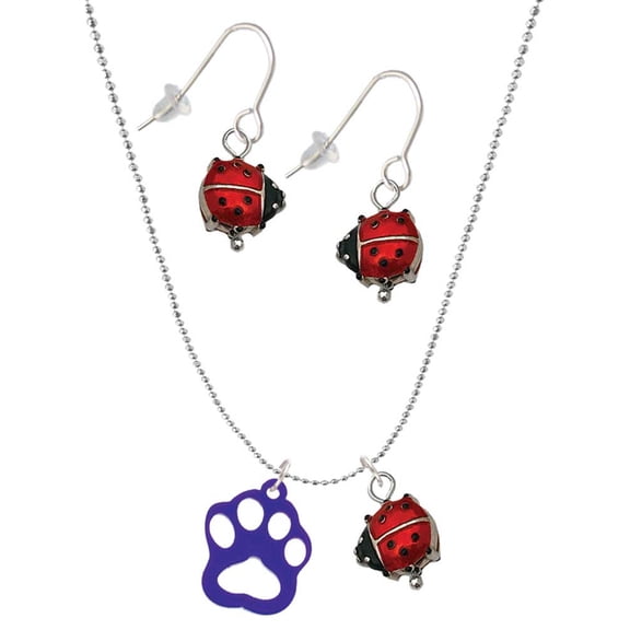 Delight Jewelry Acrylic Small Paw Purple Red Lucky Ladybug Necklace and Dangle Earrings Set