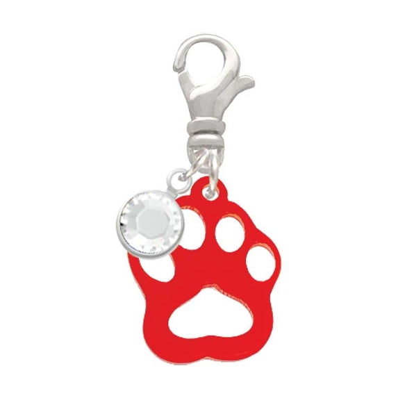 Delight Jewelry Acrylic Small Paw Red - Silvertone Clip on Charm with Clear Crystal Drop