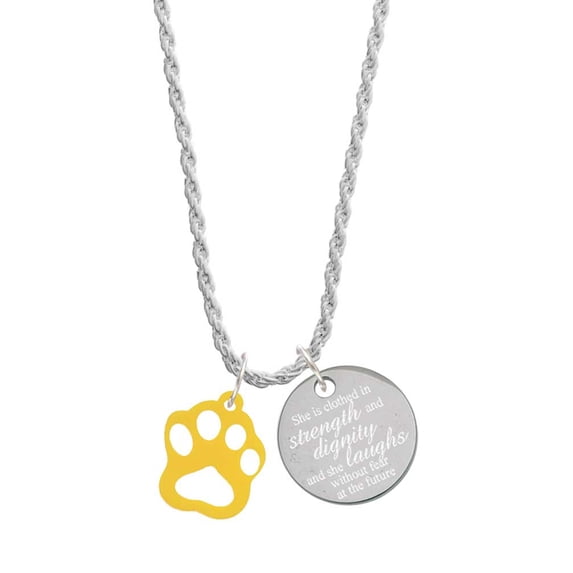 Delight Jewelry Acrylic Small Paw Yellow She is Clothed in Stength and Dignity Charm Necklace, 20"+3"
