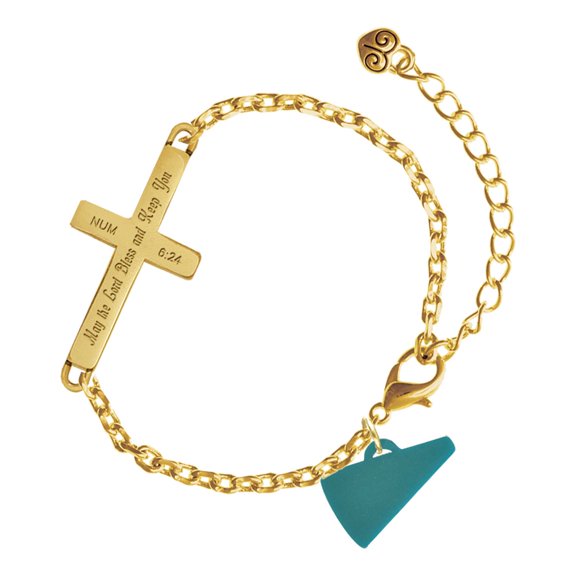Delight Jewelry Acrylic Teal Megaphone - Gold Tone Numbers 6:24 May the Lord Bless You Engraved Cross Charm Bracelet, 6.5+1.5" Extender