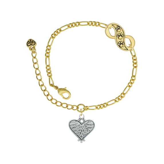Delight Jewelry Antiqued Alligator Print Heart Gold-tone Paw Infinity Link Chain Bracelet, 6"+2" Extender