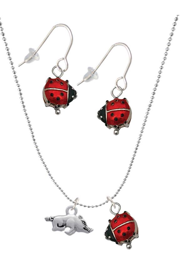Antiqued Razorback Red Lucky Ladybug Necklace and Dangle Earrings Set