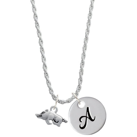 Delight Jewelry Antiqued Razorback Silvertone Script Initial Disc - A - Charm Necklace, 20"+3"