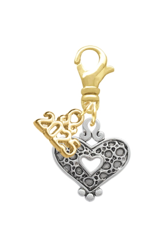 Antiqued Reptile Print Open Heart - Gold-tone Clip on Charm with Mini Year 2025