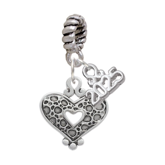 Delight Jewelry Antiqued Reptile Print Open Heart - Silver-tone Rope Charm Bead Dangle with Mini 2025