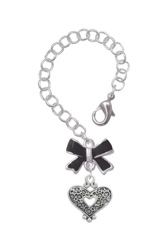Antiqued Reptile Print Open Heart - Silvertone Black Bow Charm Accessory for Tumblers and Thermal Cups