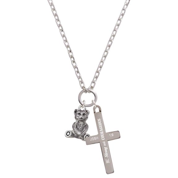 Delight Jewelry Antiqued Teddy Bear Be Strong and Courageous Engraved Cross Zoey Necklace, 28"