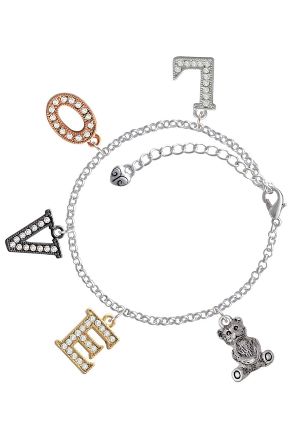 Antiqued Teddy Bear Multi-Colored Crystal Love Charm Bracelet