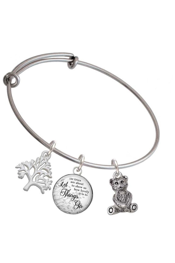Antiqued Teddy Bear Silvertone Let Things Go Tree Charm Bangle Bracelet