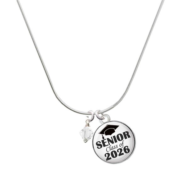 Delight Jewelry April - Clear Crystal Bicone - Silvertone Senior Class of 2026 Dome Necklace, 18"