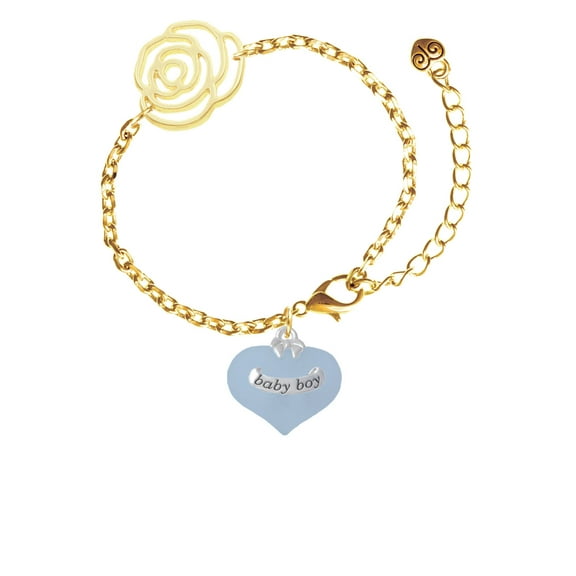 Delight Jewelry Baby Boy Blue Heart with Baby Feet Gold-tone Flower Link Chain Bracelet, 6.75"+2" Extender
