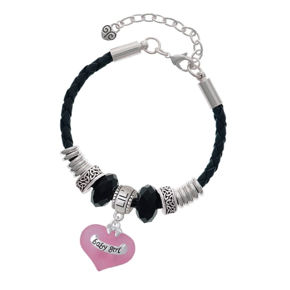 Delight Jewelry Baby Girl Pink Heart with Baby Feet Big Sister Celtic Knot Leather Bead Bracelet, 7"+2" Extender