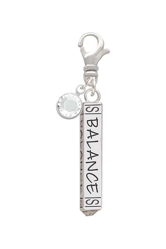 Balance Bar - Silvertone Clip on Charm with Clear Crystal Drop