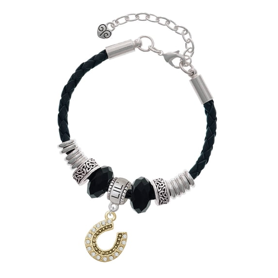 Delight Jewelry Beaded Clear Goldtone Crystal Horseshoe with Good Luck Big Sister Celtic Knot Leather Bead Bracelet, 7"+2" Extender