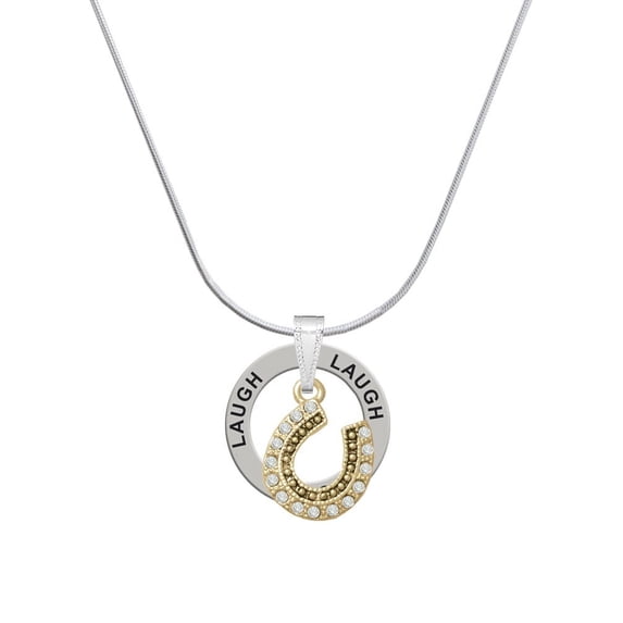 Delight Jewelry Beaded Clear Goldtone Crystal Horseshoe with Good Luck Laugh Ring Charm Necklace, 18"