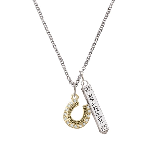 Delight Jewelry Beaded Clear Goldtone Crystal Horseshoe with Good Luck Silvertone Guardian Angel Bar Charm Necklace, 23"