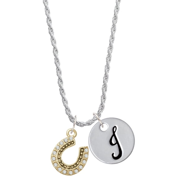 Delight Jewelry Beaded Clear Goldtone Crystal Horseshoe with Good Luck Silvertone Script Initial Disc - J - Charm Necklace, 20"+3"