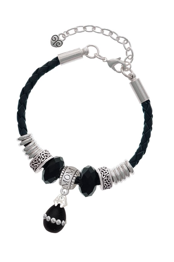 Black Easter Egg with Clear Crystal Band Mom Celtic Knot Leather Bead Bracelet, 7"+2" Extender