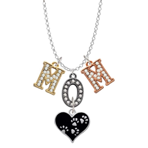 Delight Jewelry Black Enamel Heart with Paw Prints Multi-Colored Crystal Mom Charm Necklace