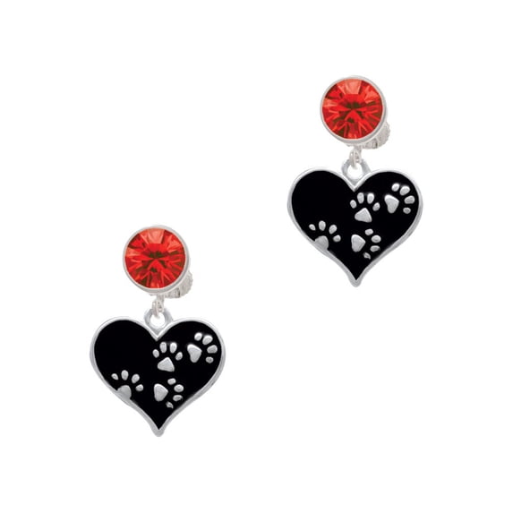 Delight Jewelry Black Enamel Heart with Paw Prints Red Crystal Clip on Earrings