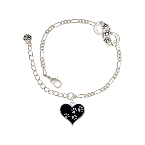 Delight Jewelry Black Enamel Heart with Paw Prints Silver-tone Paw Infinity Link Chain Bracelet, 6"+2" Extender