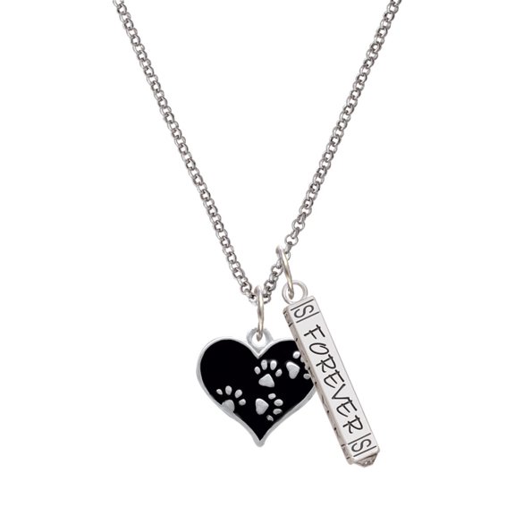 Delight Jewelry Black Enamel Heart with Paw Prints Silvertone Forever Bar Charm Necklace, 23"